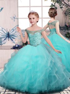 Aqua Blue Sleeveless Floor Length Beading and Ruffles Lace Up Girls Pageant Dresses