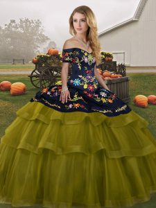 Custom Designed Off The Shoulder Sleeveless Brush Train Lace Up Quinceanera Gowns Olive Green Tulle