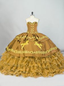 Customized Sleeveless Brush Train Embroidery and Ruffled Layers Lace Up Quince Ball Gowns
