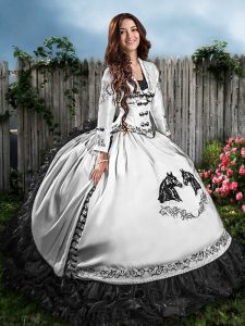 Romantic White And Black Sleeveless Embroidery and Ruffles Floor Length Quinceanera Dresses