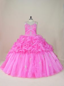 Lovely Baby Pink Straps Neckline Beading and Appliques and Pick Ups Quinceanera Gowns Sleeveless Lace Up