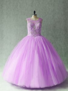 Pretty Tulle Scoop Sleeveless Lace Up Beading Vestidos de Quinceanera in Lilac