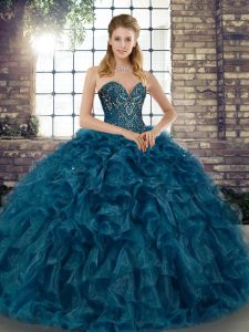 Sleeveless Organza Floor Length Lace Up Sweet 16 Dresses in Teal with Beading and Ruffles
