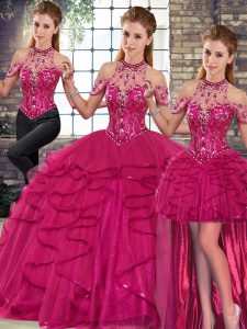 Smart Fuchsia Three Pieces Beading and Ruffles Sweet 16 Dresses Lace Up Tulle Sleeveless Floor Length