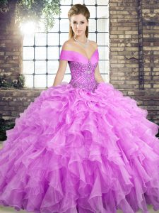 Lilac Sleeveless Beading and Ruffles Lace Up 15 Quinceanera Dress