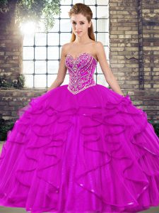 Tulle Sweetheart Sleeveless Lace Up Beading and Ruffles Vestidos de Quinceanera in Fuchsia