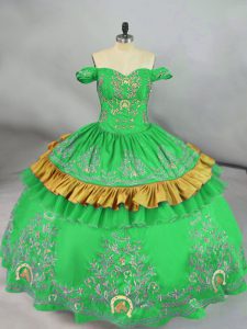 Satin Off The Shoulder Sleeveless Lace Up Embroidery Quinceanera Gown in Green
