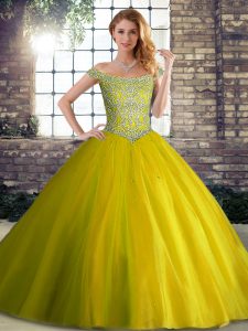 Off The Shoulder Sleeveless Tulle Quinceanera Gowns Beading Brush Train Lace Up
