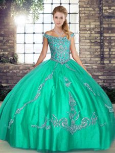 Sweet Turquoise Ball Gowns Tulle Off The Shoulder Sleeveless Beading and Embroidery Floor Length Lace Up 15 Quinceanera Dress
