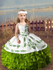 Glorious Sleeveless Organza Floor Length Lace Up Little Girls Pageant Dress in Olive Green with Embroidery and Ruffles
