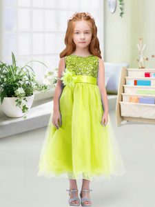 Sleeveless Tea Length Sequins and Hand Made Flower Zipper Kids Formal Wear with Yellow Green