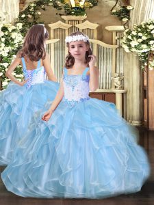 Straps Sleeveless Little Girls Pageant Dress Floor Length Beading and Ruffles Baby Blue Organza