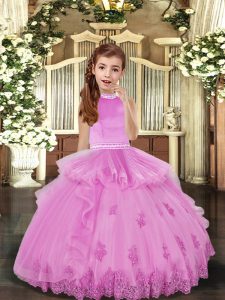 Hot Sale Tulle High-neck Sleeveless Backless Beading and Appliques Little Girl Pageant Dress in Lilac