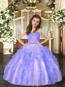 Lavender Sleeveless Tulle Lace Up Pageant Gowns For Girls for Party and Sweet 16 and Wedding Party