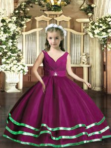 Purple Organza Backless V-neck Sleeveless Floor Length Little Girl Pageant Gowns Beading and Ruching