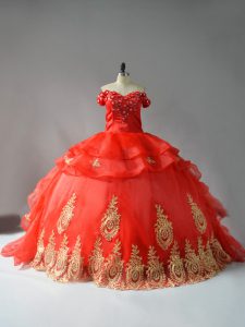Elegant Red Ball Gowns Appliques and Hand Made Flower Quince Ball Gowns Lace Up Organza Sleeveless