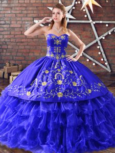 Royal Blue Sweetheart Neckline Embroidery and Ruffled Layers Quinceanera Dresses Sleeveless Lace Up