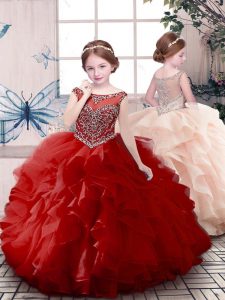Affordable Red Organza Zipper Little Girls Pageant Dress Sleeveless Floor Length Beading and Ruffles