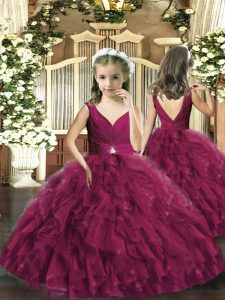 Burgundy Neckline Beading and Ruffles Pageant Gowns For Girls Sleeveless Backless