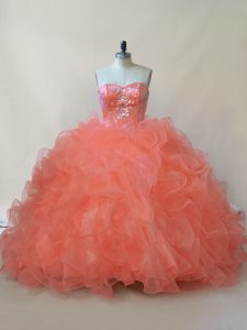 Simple Orange Ball Gowns Sweetheart Sleeveless Organza and Tulle Floor Length Lace Up Beading and Ruffles Quince Ball Gowns