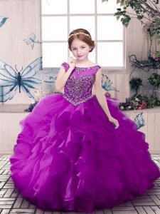 Purple Organza Zipper Little Girls Pageant Gowns Sleeveless Floor Length Beading and Ruffles