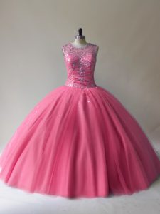Glorious Tulle Scoop Sleeveless Lace Up Beading Vestidos de Quinceanera in Rose Pink