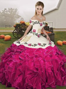 Sleeveless Organza Floor Length Lace Up Quinceanera Gown in Fuchsia with Embroidery and Ruffles