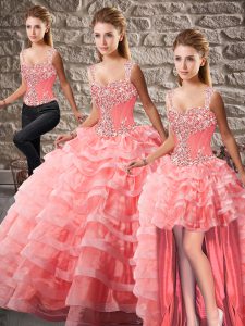 Colorful Watermelon Red Sleeveless Beading and Ruffled Layers Lace Up Sweet 16 Quinceanera Dress