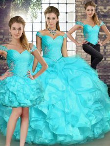 Custom Design Aqua Blue Organza Lace Up Ball Gown Prom Dress Sleeveless Floor Length Beading and Ruffles