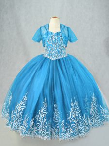 Stunning Beading and Embroidery Child Pageant Dress Baby Blue Lace Up Sleeveless Floor Length