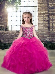 Cute Tulle Off The Shoulder Sleeveless Lace Up Beading and Ruffles Little Girls Pageant Dress in Fuchsia