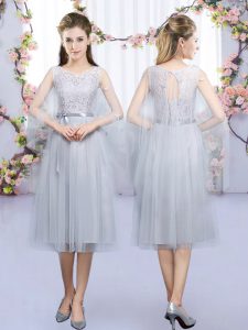 Tea Length Lace Up Quinceanera Dama Dress Grey for Wedding Party with Lace and Belt