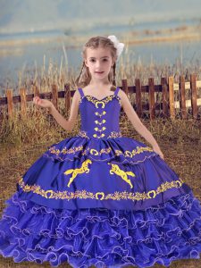 Blue Lace Up Little Girl Pageant Gowns Beading and Embroidery and Ruffled Layers Sleeveless Floor Length