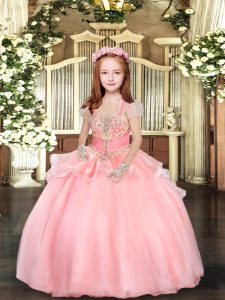 Pink Lace Up Straps Beading and Ruffles Child Pageant Dress Organza Sleeveless