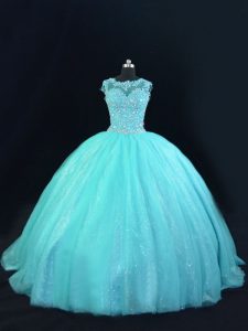 On Sale Aqua Blue Ball Gowns Tulle Scoop Sleeveless Beading and Lace Floor Length Lace Up Sweet 16 Dresses
