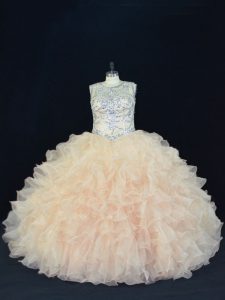 Scoop Sleeveless Quinceanera Dresses Floor Length Beading and Ruffles Champagne Organza