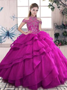Fuchsia High-neck Lace Up Beading and Ruffled Layers Quinceanera Dress Sleeveless