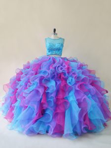 Multi-color Lace Up Scoop Beading and Ruffles Sweet 16 Quinceanera Dress Organza Sleeveless