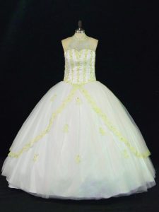 Smart Floor Length Lace Up 15 Quinceanera Dress Yellow And White for Sweet 16 and Quinceanera with Appliques