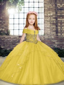 Stylish Yellow Sleeveless Beading Floor Length Little Girl Pageant Dress