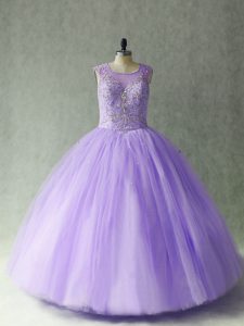 Lavender Sleeveless Tulle Lace Up Quince Ball Gowns for Sweet 16 and Quinceanera