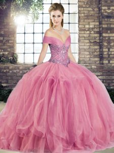 Tulle Sleeveless Floor Length Ball Gown Prom Dress and Beading and Ruffles