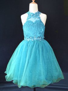 Aqua Blue A-line Beading and Lace Little Girls Pageant Gowns Lace Up Organza Sleeveless Mini Length