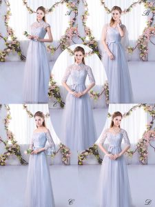 Dramatic Grey Cap Sleeves Tulle Lace Up Dama Dress for Quinceanera for Wedding Party