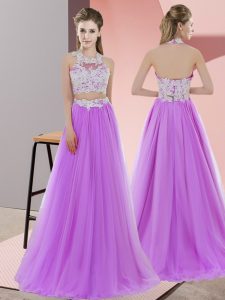 Edgy Lavender Zipper Halter Top Lace Quinceanera Court of Honor Dress Sleeveless