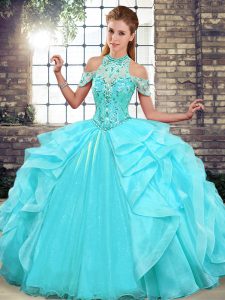High End Aqua Blue Sleeveless Organza Lace Up Quinceanera Gown for Military Ball and Sweet 16 and Quinceanera