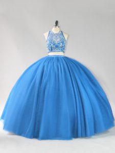 Strapless Sleeveless 15th Birthday Dress Floor Length Beading Blue Tulle