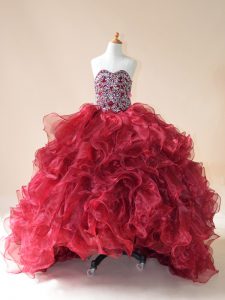 Excellent Sleeveless Organza Brush Train Lace Up Little Girl Pageant Gowns in Wine Red with Beading and Ruffles