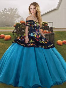 Attractive Ball Gowns Ball Gown Prom Dress Blue And Black Off The Shoulder Tulle Sleeveless Floor Length Lace Up