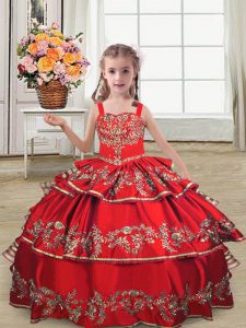 On Sale Red Lace Up Kids Pageant Dress Embroidery and Ruffled Layers Sleeveless Floor Length